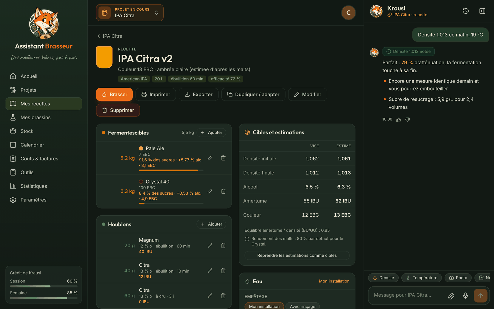 Fiche d’une recette IPA Citra dans Krausi : fermentescibles, houblons, cibles et estimations de densité, d’alcool, d’amertume et de couleur, avec la conversation Krausi à droite
